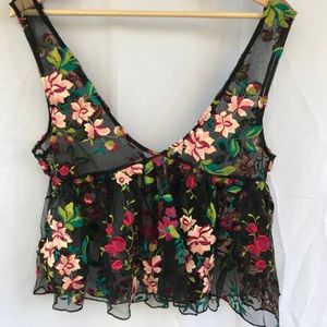 Ecote Vieta Embroidered Floral Mesh Peplum Tank